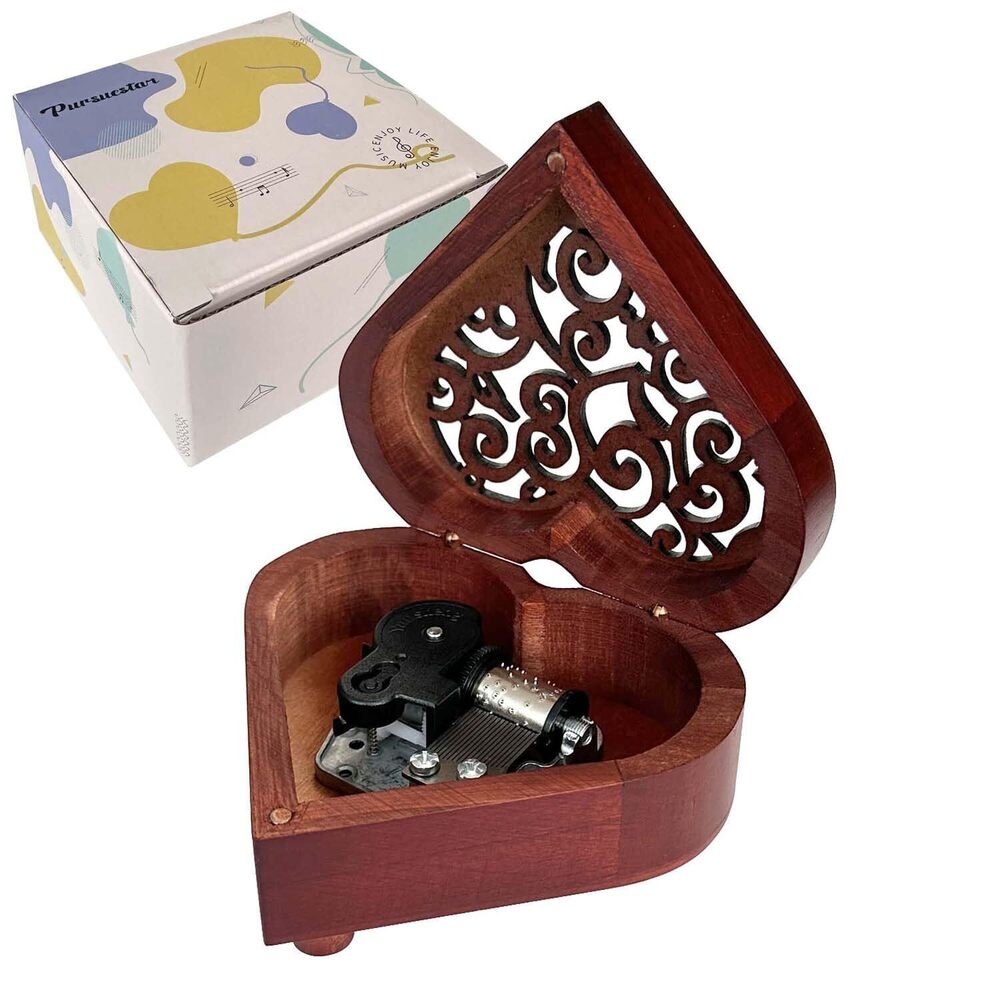 2891 La Vie En Rose Wind Up Music Box, Heart Shaped Vintage Wood Carved